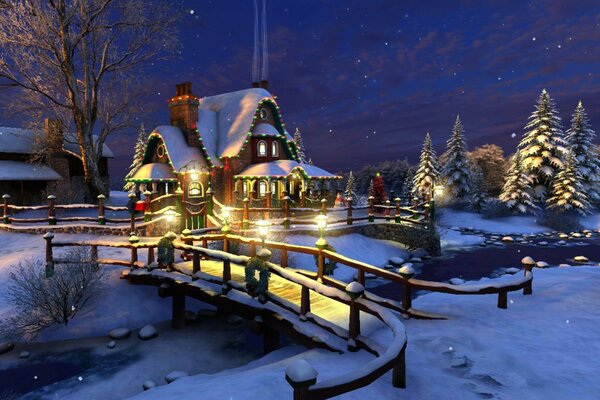 A house with glowing lights among snow-covered fir trees