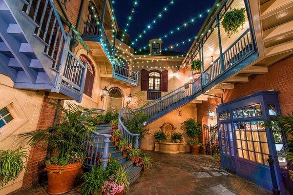 Cozy European courtyard, surrounded by greenery