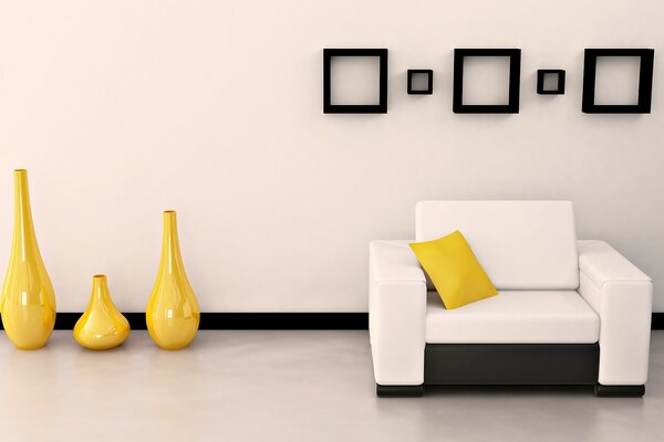 Yellow vases and a chair with a yellow cushion