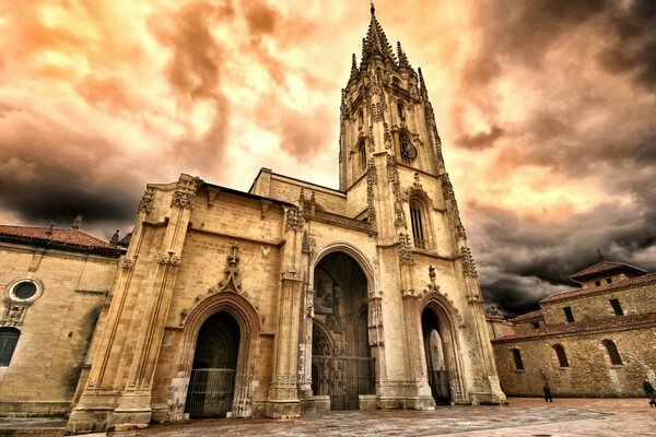 Majestic church on the background of clouds