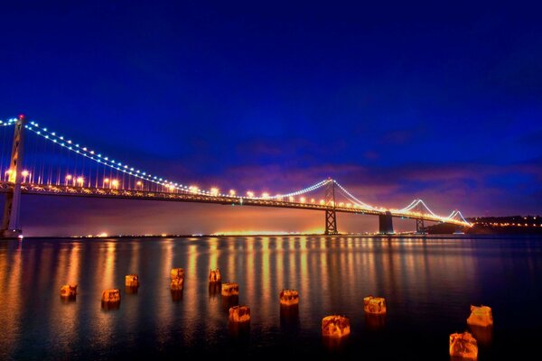 The suspension bridge is beautiful in the evening