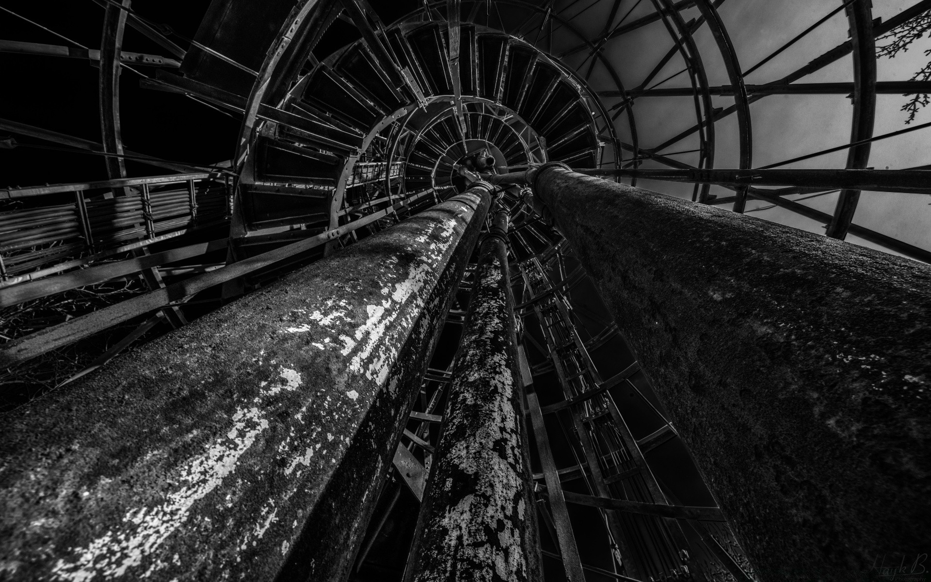 black and white urban monochrome architecture city light building grinder steel transportation system dark indoors train abandoned construction step industry tube railway travel