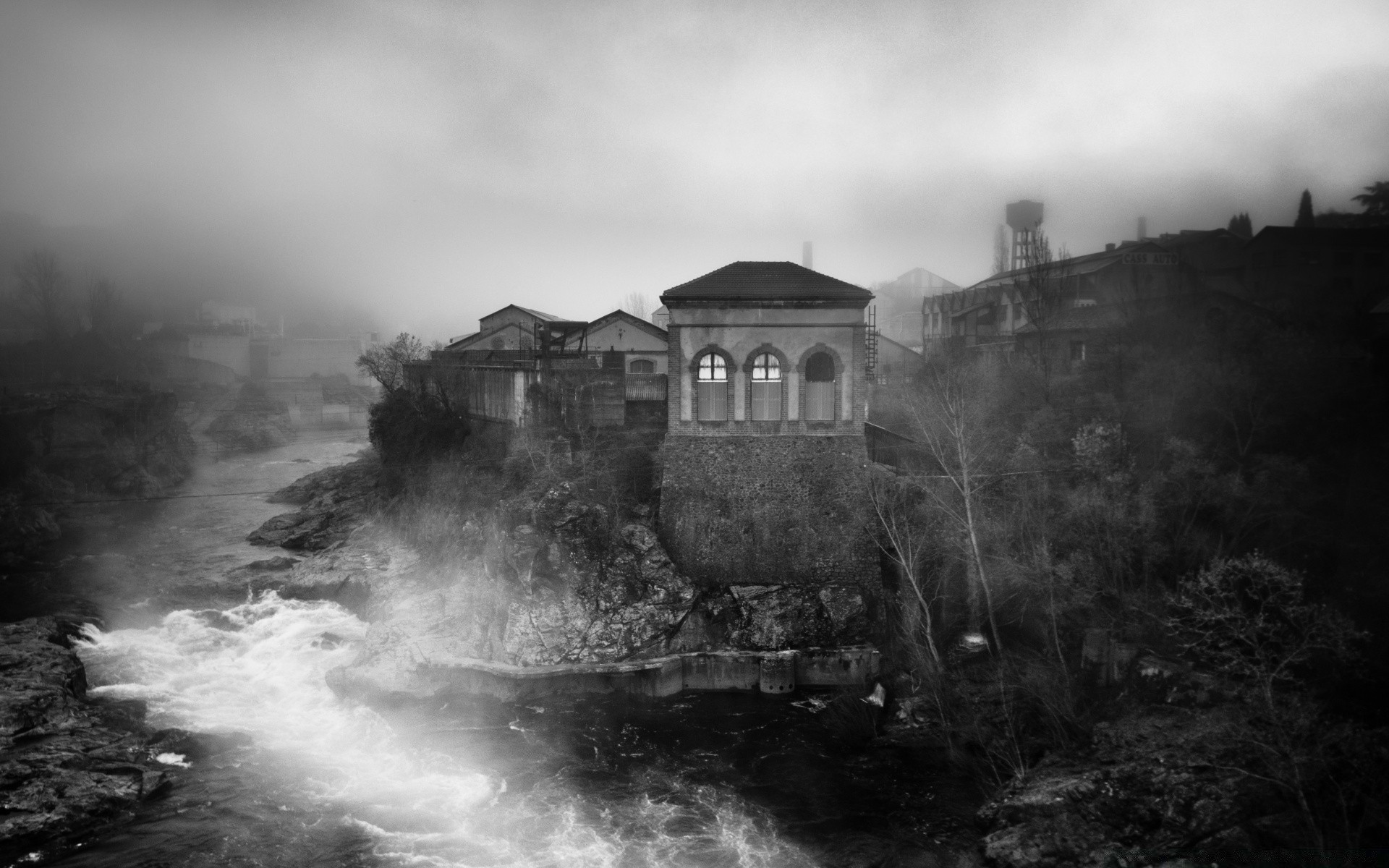 blanco y negro niebla niebla paisaje monocromo agua amanecer arquitectura