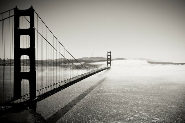 Fotografía en blanco y negro de un puente sobre un río