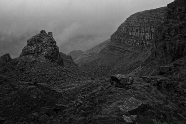 Black and white photo. Bare Mountains
