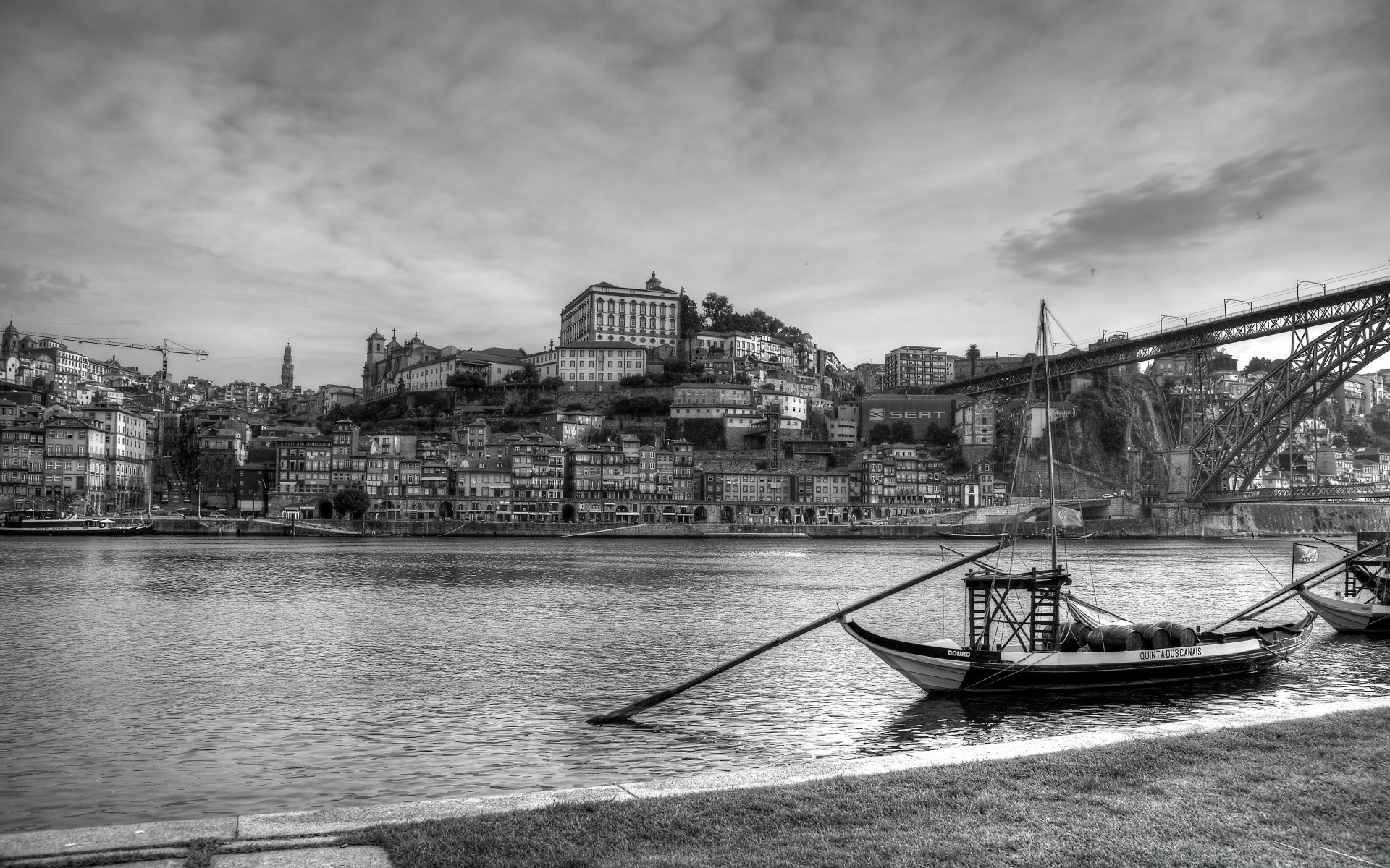 black and white monochrome watercraft transportation system water vehicle river boat ship city sea bridge