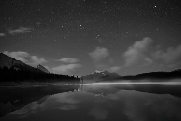 Black and white landscape of the sky and moon