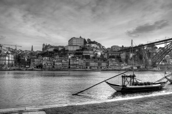 Black and white landscape city by the water