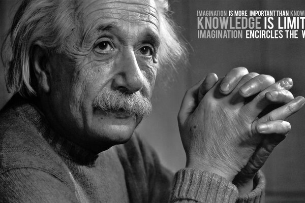 One Einstein is sitting with his fingers folded in a lock, he is an adult, looking at this world with irony