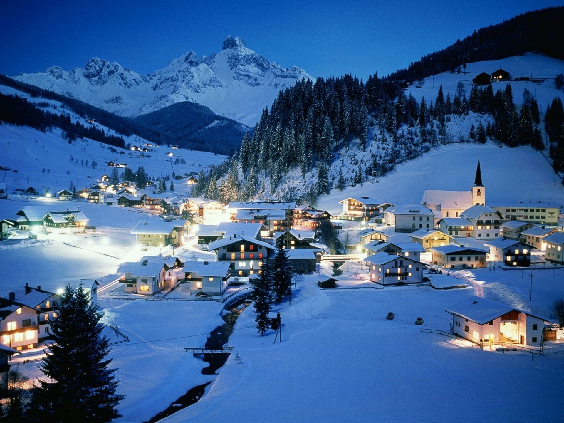 cidades neve inverno montanhas cênica resort frio reflexão estância de esqui gelo