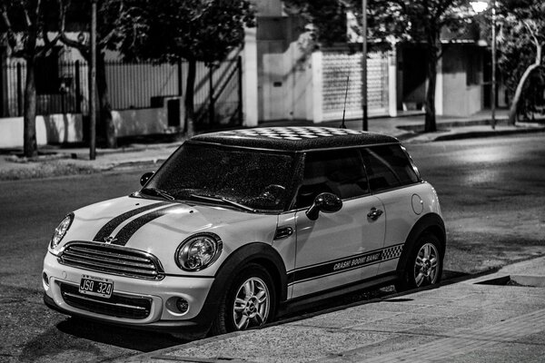 Black and white photo of mini cooper