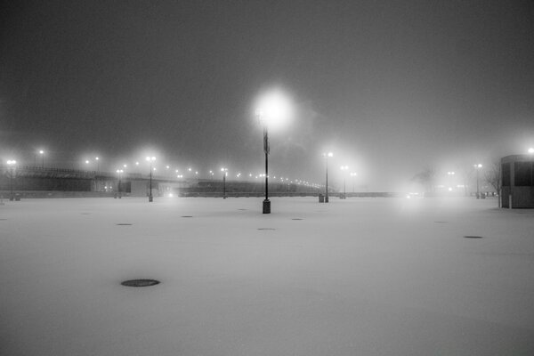 Winter city. Large lanterns