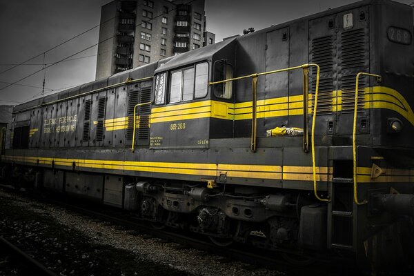 Railway train on black and white background