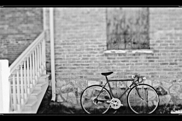 Bicicleta vintage na parede de pedra preto e branco