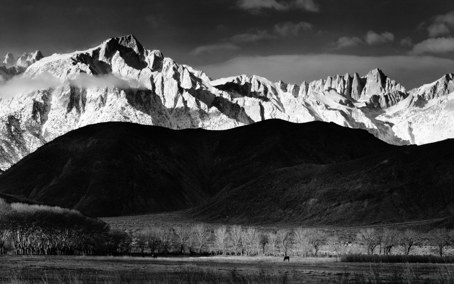 black and white snow mountain landscape ice glacier winter travel monochrome nature lake water rock valley outdoors dawn cold scenic sky reflection