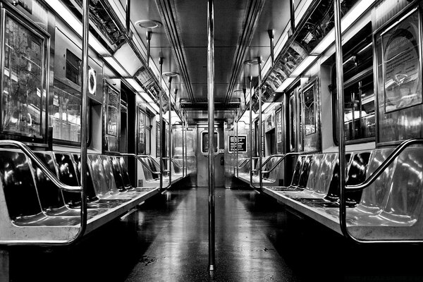 Black and white photo of a subway car