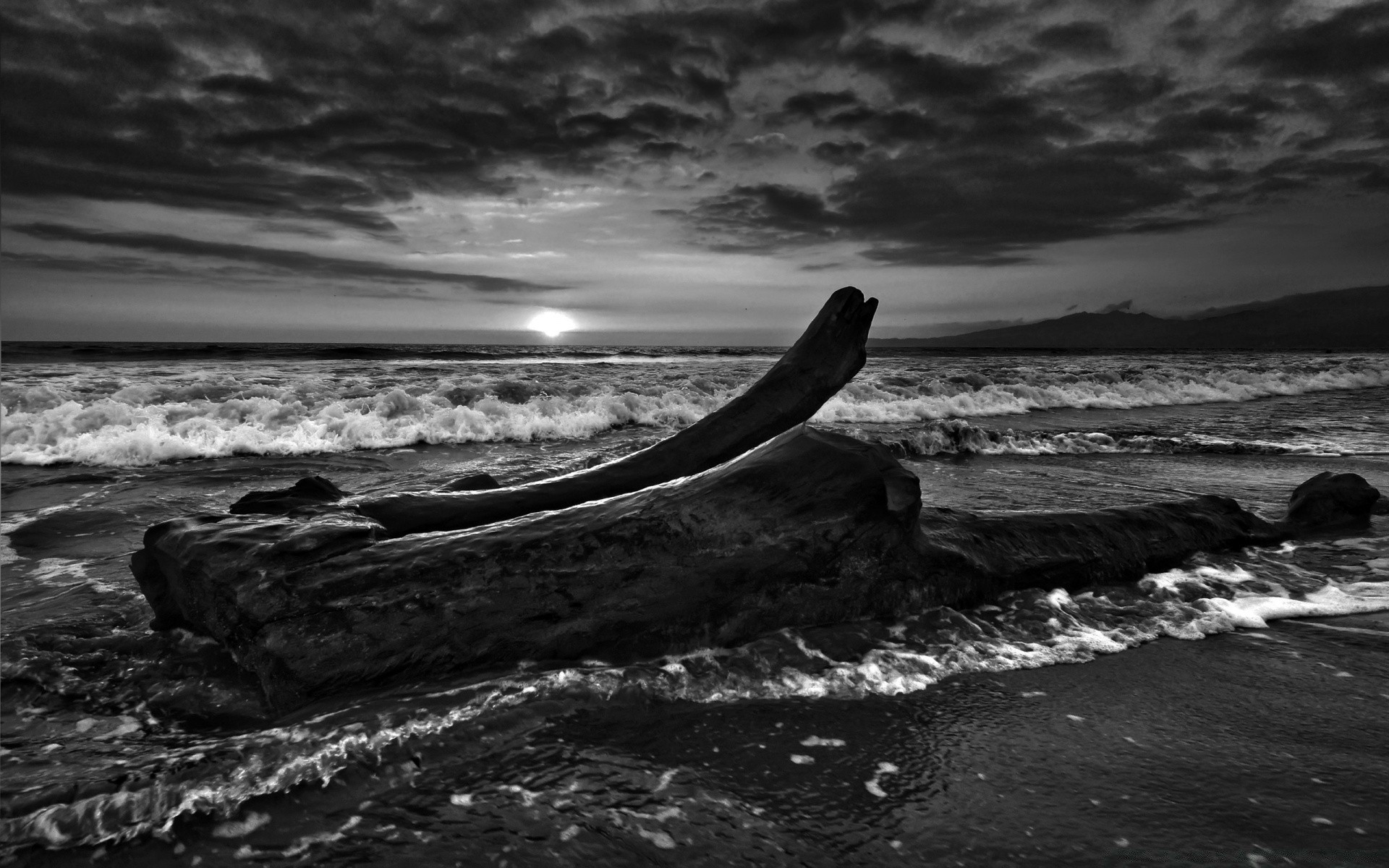 black and white ocean sea water beach sunset seascape surf seashore storm dawn monochrome landscape wave evening dusk rock sky sun dramatic