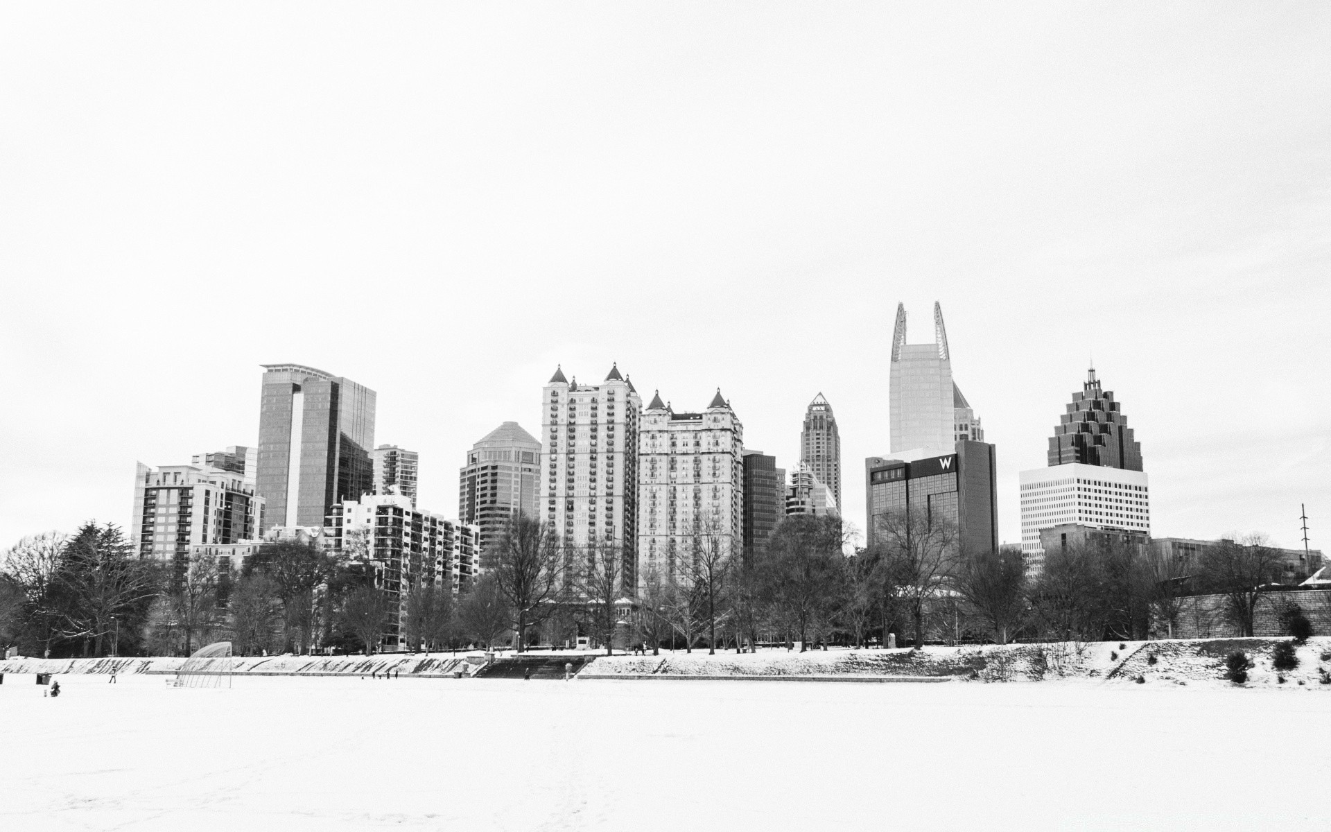 black and white architecture city building skyline skyscraper cityscape tree office downtown river travel outdoors winter modern tower urban sky town street