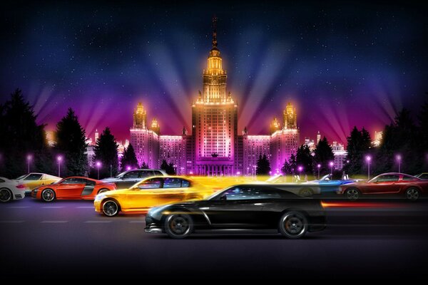 Sports car race at night