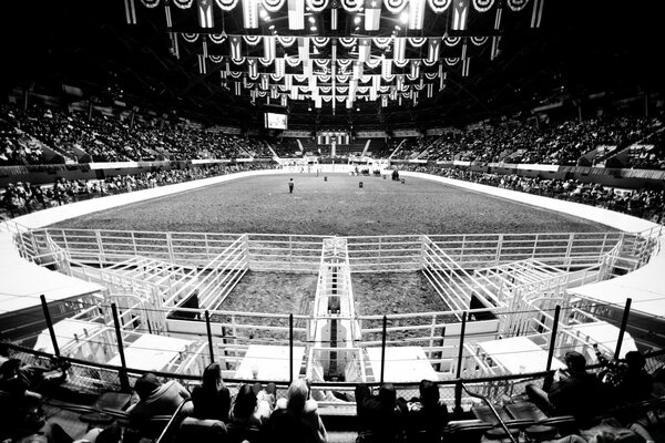 Foto in bianco e nero dello stadio con gli spettatori