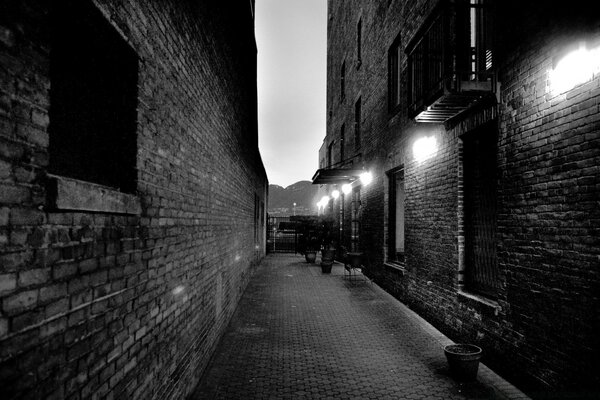 Rue étroite en noir et blanc