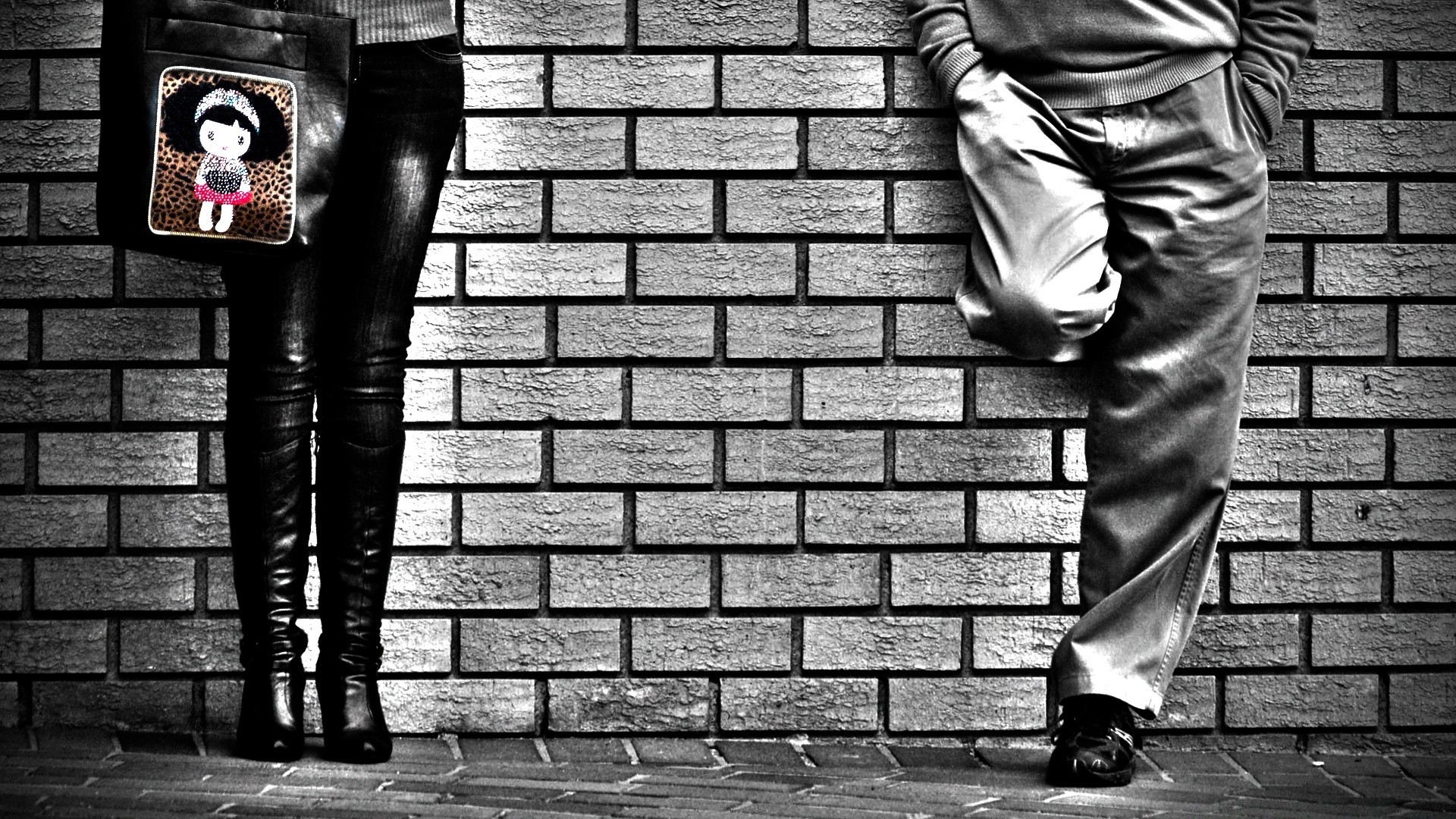 black and white street wall urban one adult man brick portrait graffiti monochrome dark woman city offense pavement