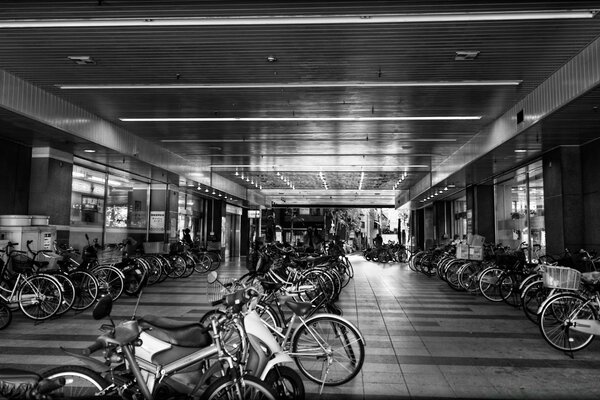 Black and white illustration of bicycles