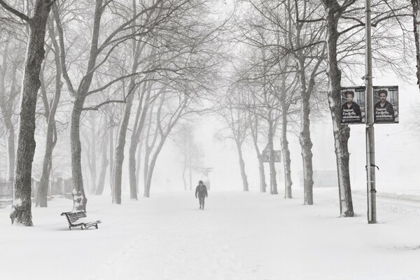 Ein gehender Mann vor dem Hintergrund einer Winterlandschaft