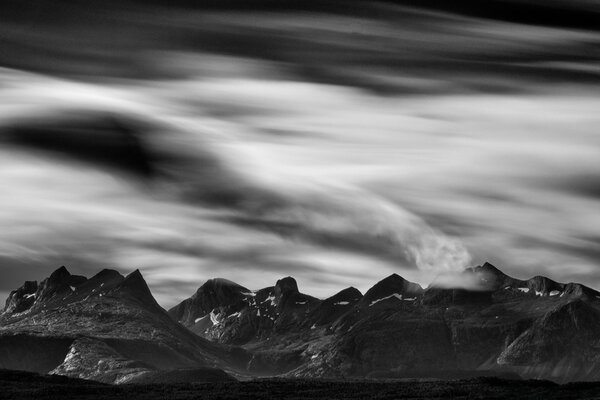 Landscape of mountains and snow in black and white