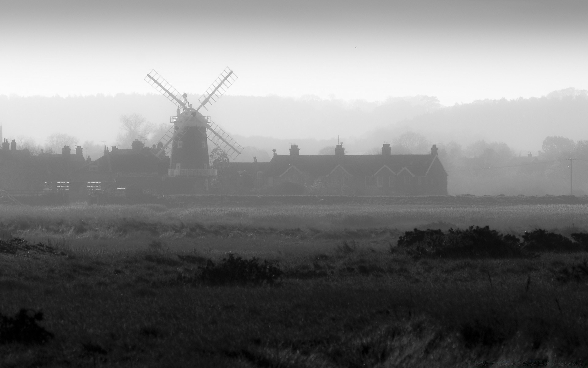 czarny biały wiatrak młynek wiatr krajobraz farm energia monochromatyczna turbiny natura środowisko niebo drzewo mgła chmura