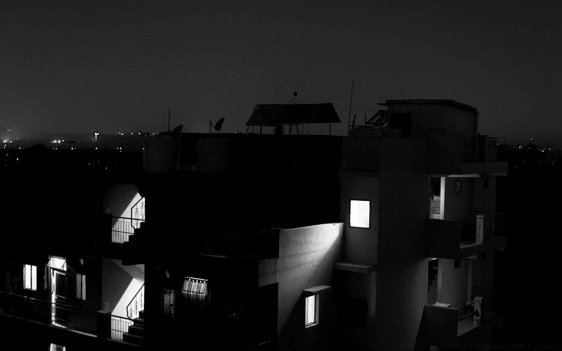 black and white monochrome light city street architecture silhouette dark fog building sunset sky travel smoke