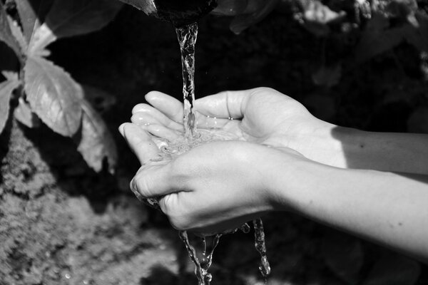 El agua se vierte en la palma de su mano