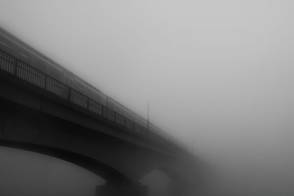 Zug auf der Brücke, der im Nebel abfährt