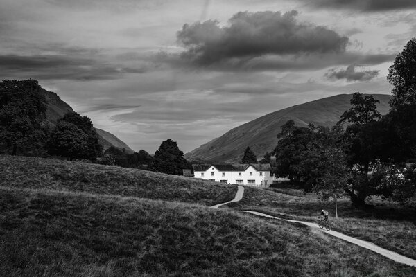 Black and white landscape of the sky and mountains road for travel