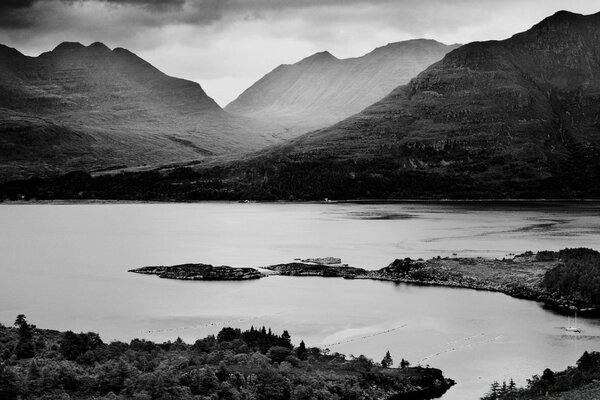 Lake at the foot of high mountains