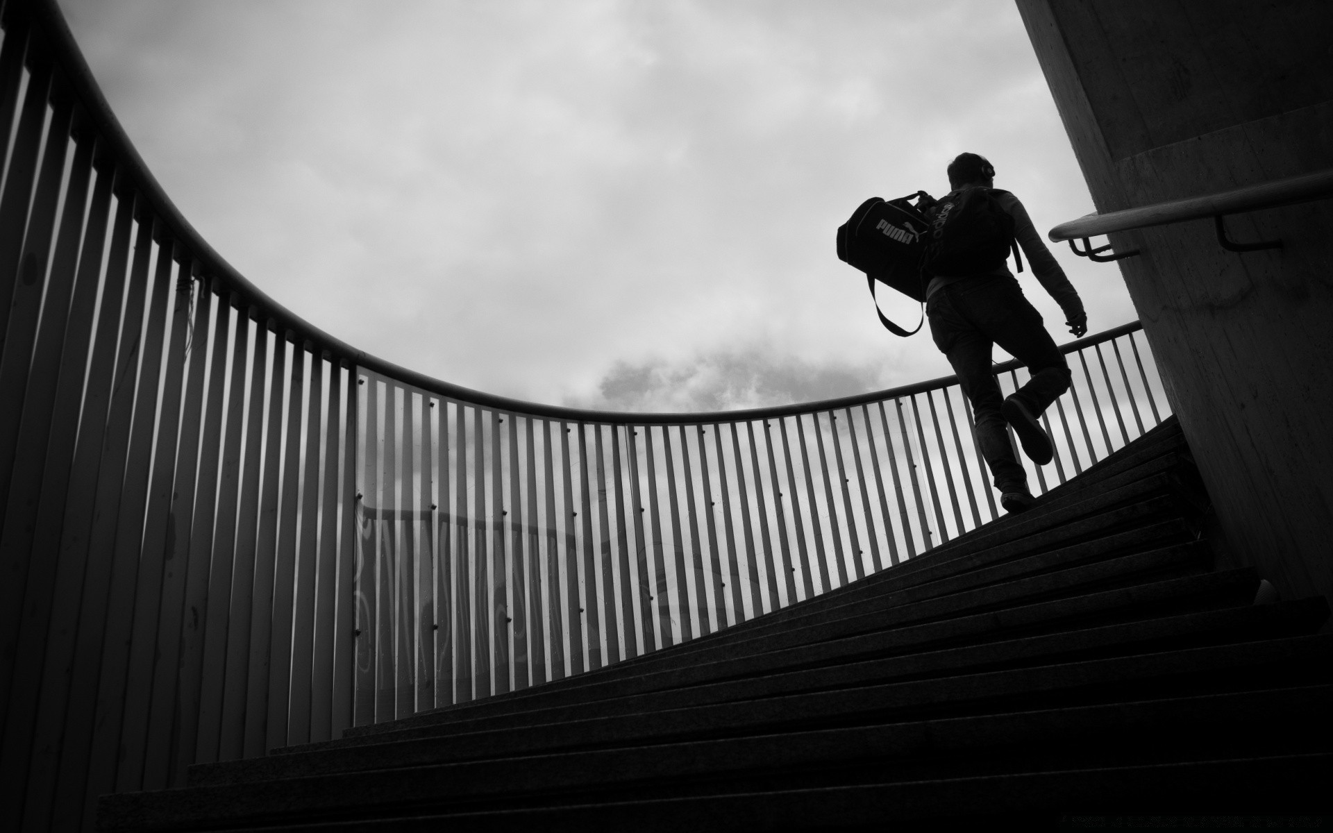 black and white monochrome bridge street man girl step city silhouette light adult shadow competition one architecture sky woman