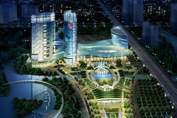 带喷泉的公园建筑的顶视图