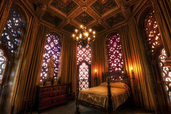 Dormitorio de estilo retro con ventanas estampadas