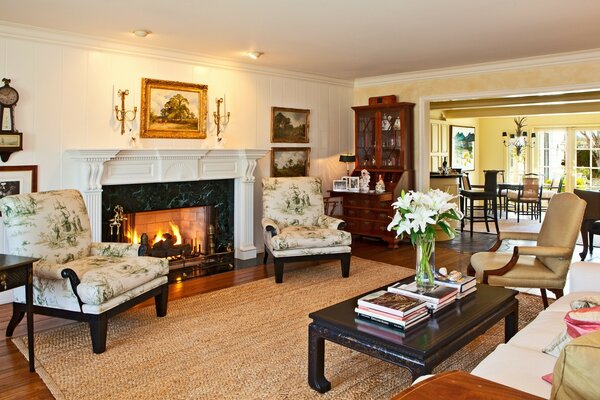 Beautiful interior in a family home with a fireplace