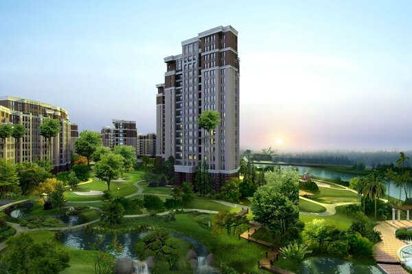 A tall house on a background of greenery