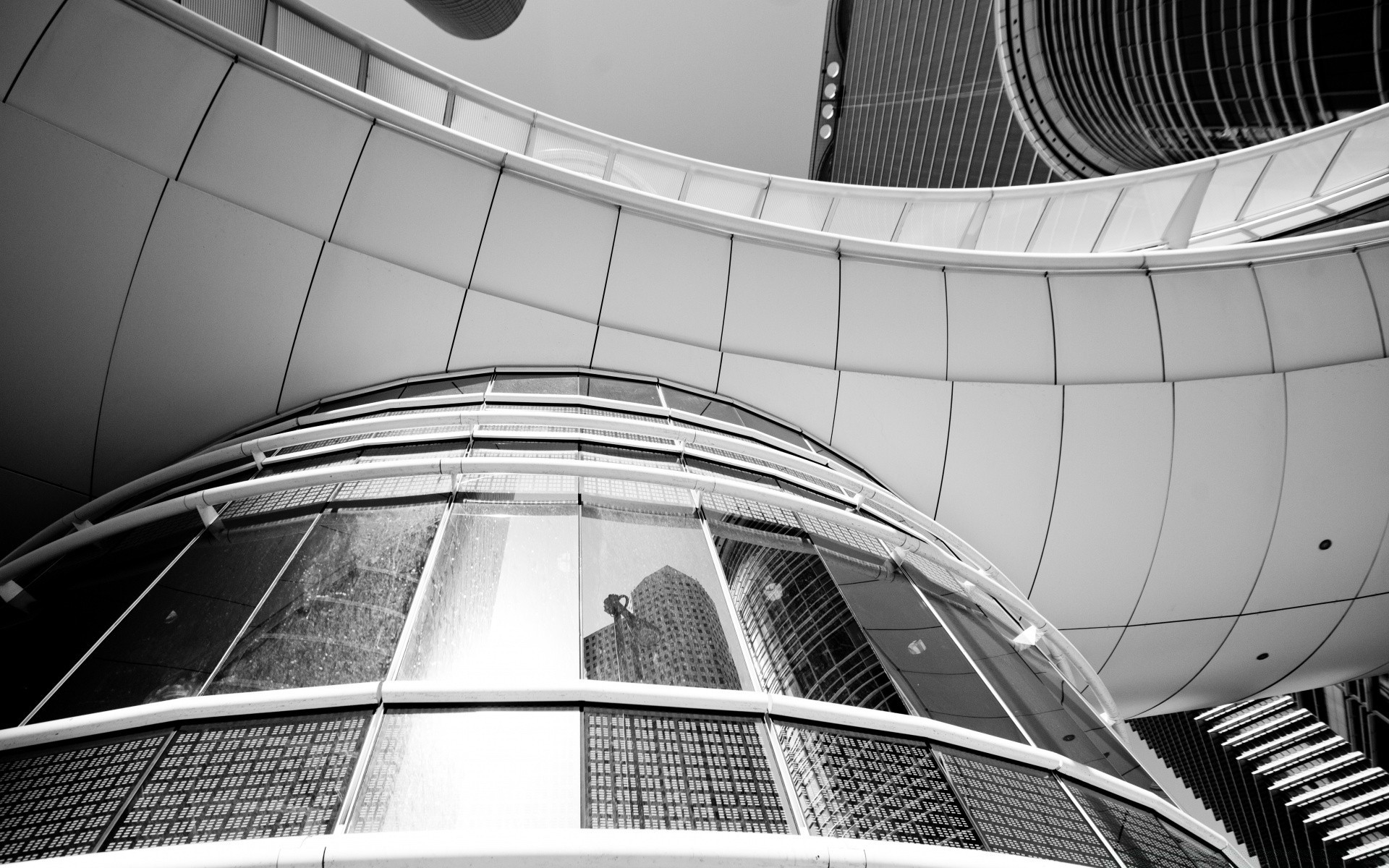 black and white architecture modern monochrome perspective futuristic reflection city fisheye tube glass urban design contemporary building step curve light