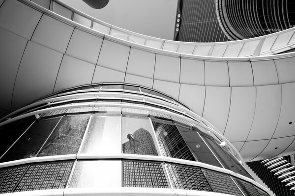 Modern architecture of the shopping center in black and white