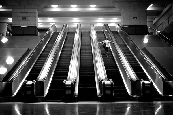 Empty escalators black and white image