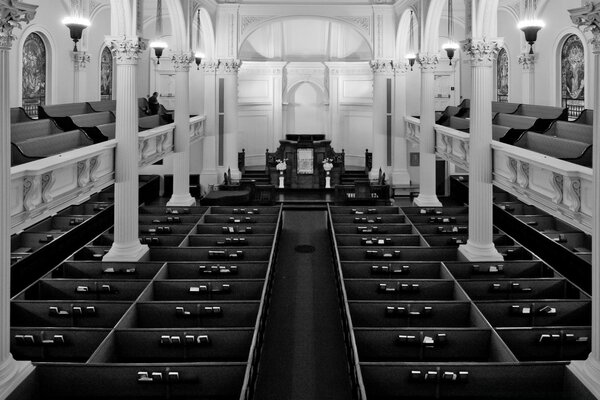 An empty church with white columns