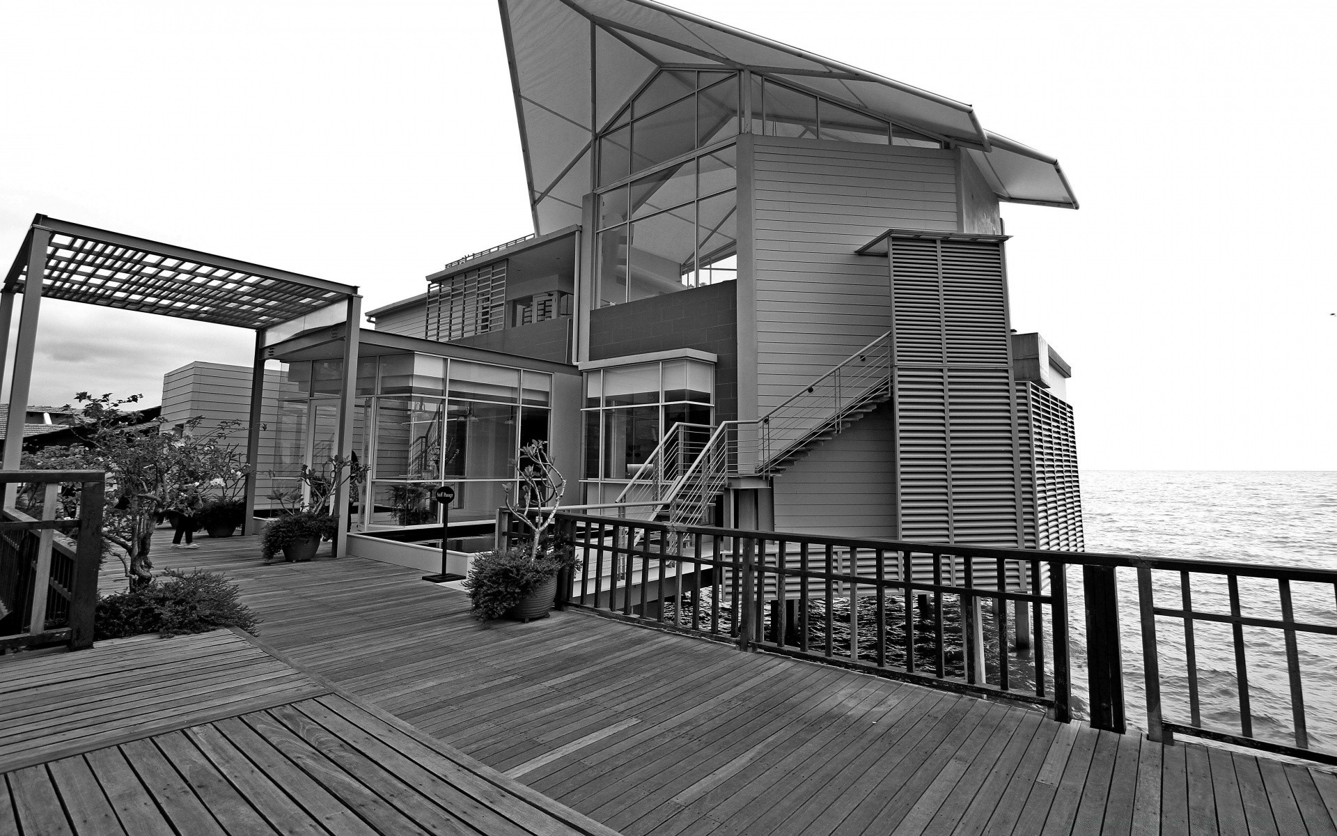 black and white architecture modern building water