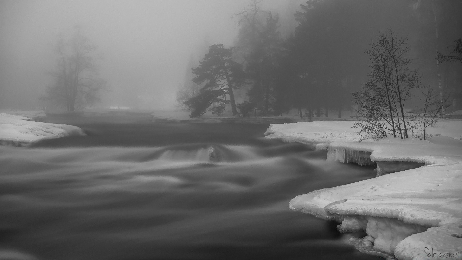 noir et blanc neige paysage hiver brouillard eau monochrome rivière glace lac aube arbre froid nature brouillard congelé coucher de soleil lumière météo réflexion