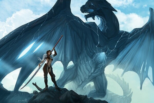 A girl in black against the background of a huge dragon with spread wings