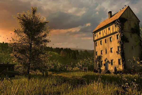 An old country house in a field