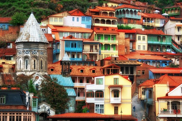 Casas coloridas brilhantes mergulhadas em vegetação