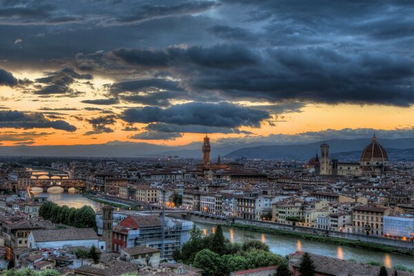 View of the ancient city with the river at sunset